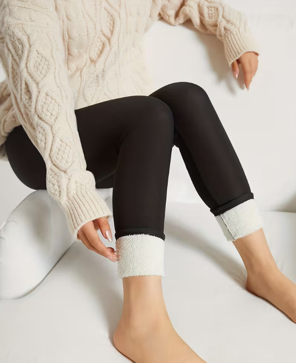 Person wearing black leggings with white cuffs and a beige sweater on a light background